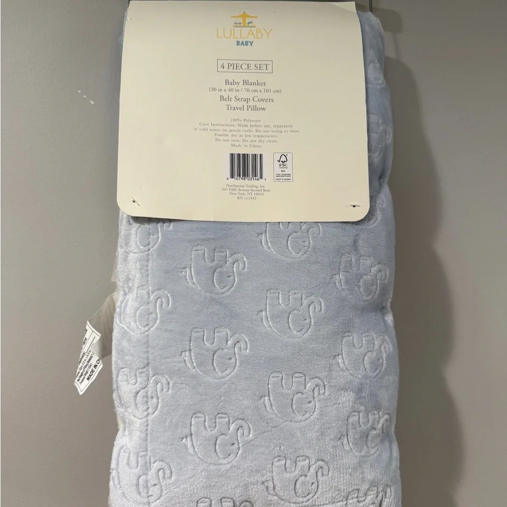 4 Piece Baby Blue Elephant Blanket Set